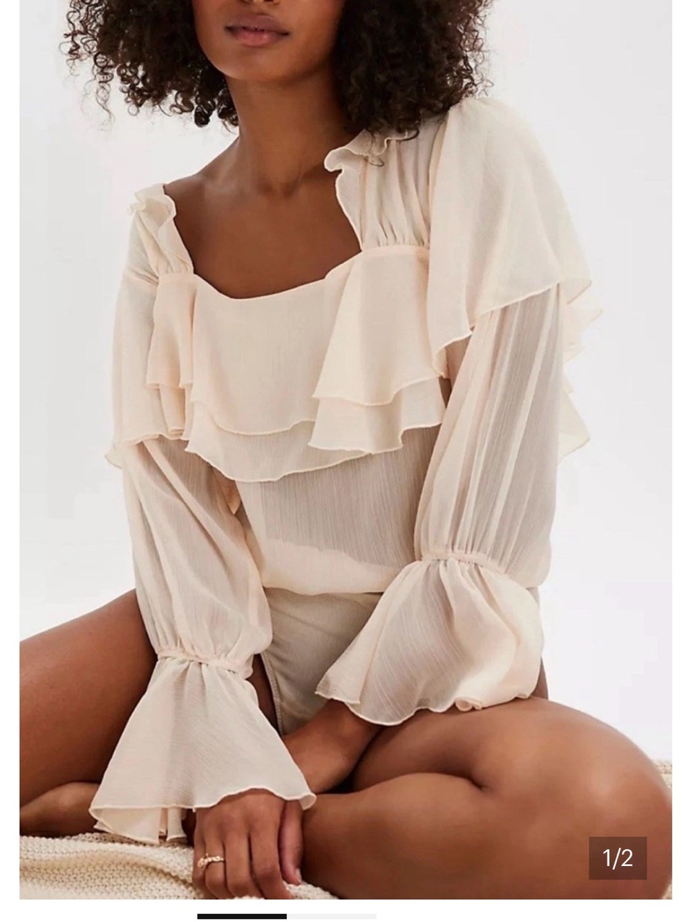 FREE PEOPLE GIVE ME DRAMA LONG SLEEVE RUFFLED CHIFFON BODYSUIT IVORY PEACH